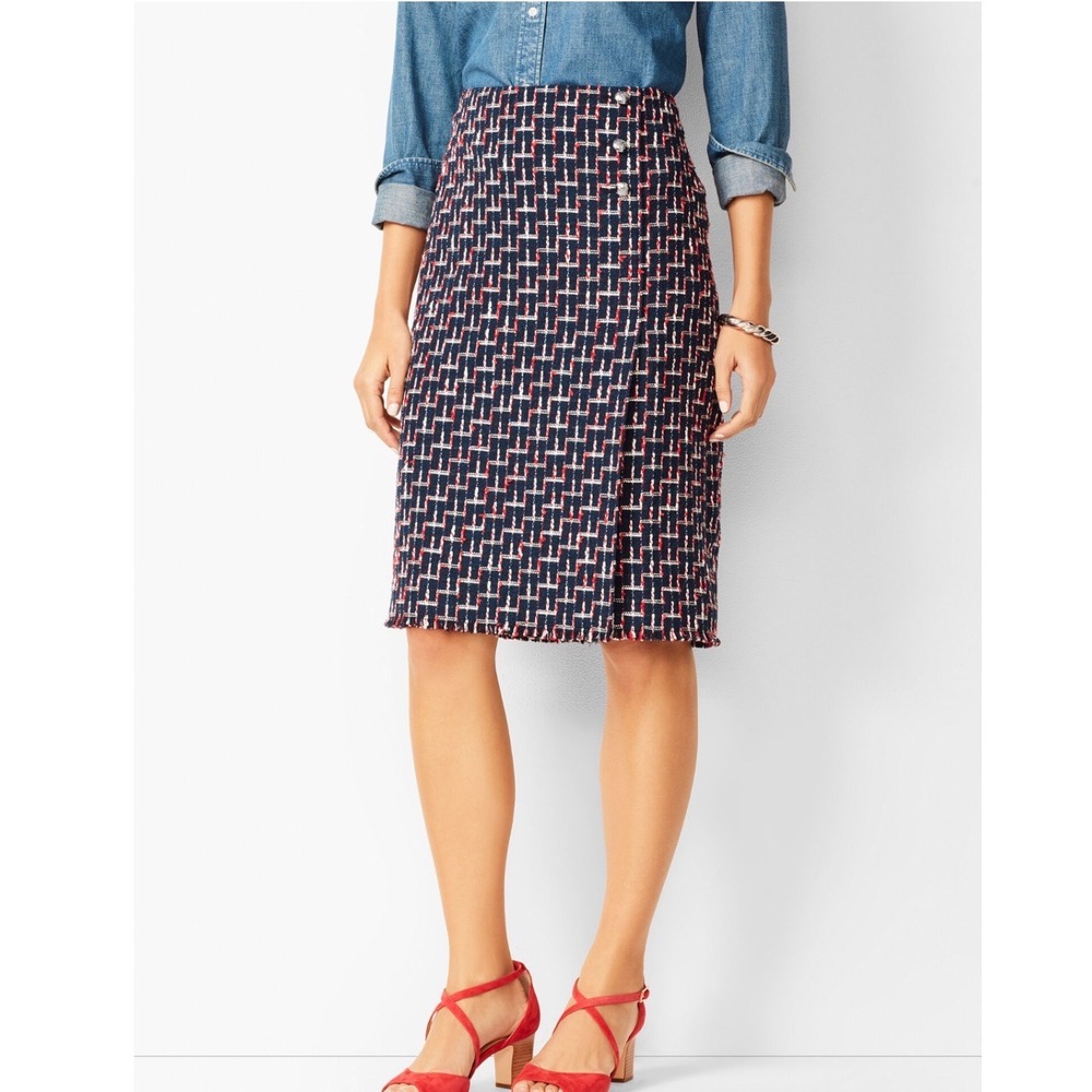 Talbots Boucle Wrap Button Navy Red White Tweed Fringe Pencil Skirt‎ Size 6